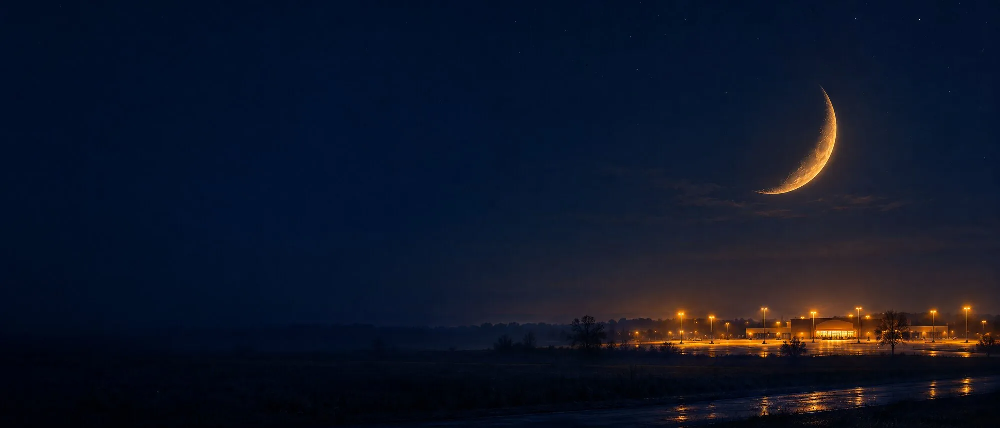 A crescent moon over a store parking lot at 3 AM